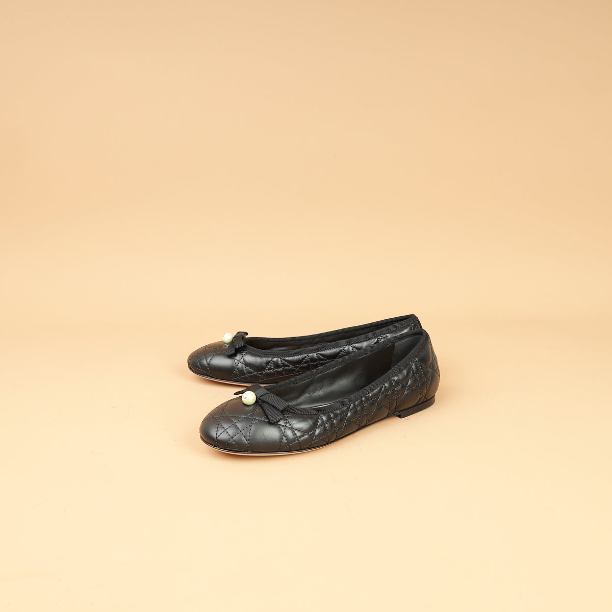 Christian Dior Black Cannage CD Pearl Bow Ballet Flats 38-Christian Dior-THE CLOSET