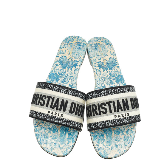 Christian Dior Canard Blue Brocart Dway Slides 40.5
