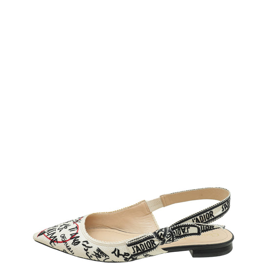 Christian Dior White Multicolor J'adior Technical Fabric Dioramour Graffiti Slingback Flats 35.5