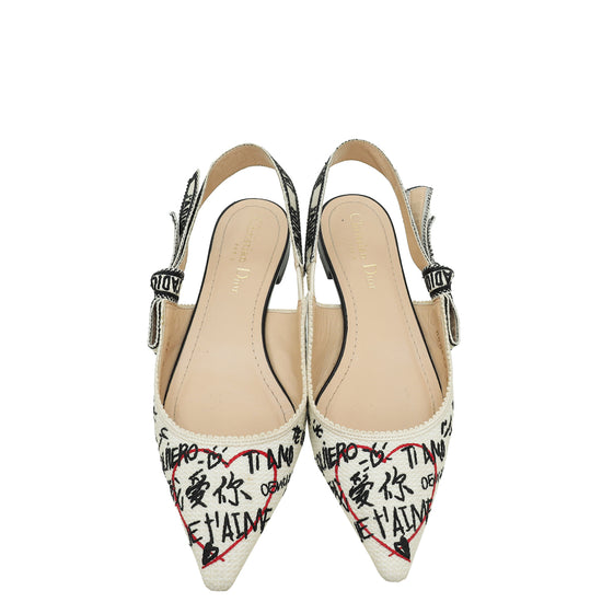 Christian Dior White Multicolor J'adior Technical Fabric Dioramour Graffiti Slingback Flats 35.5