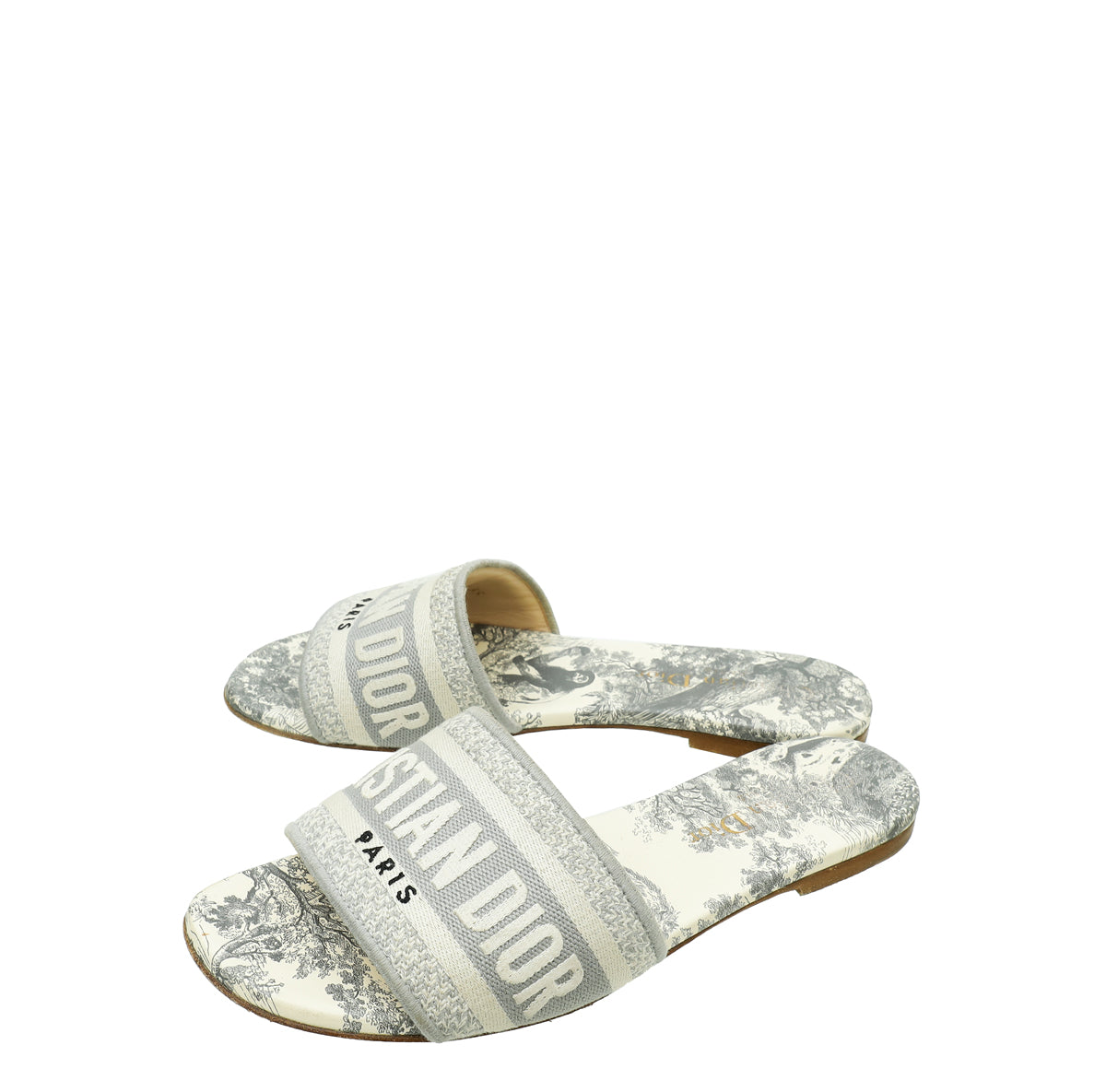 Christian Dior Light Grey Dway Toile De Jouy Flat Mules 35-Christian Dior-THE CLOSET