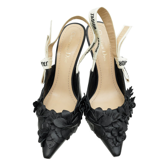 Christian Dior Black Applique Flowers J'Adior Slingback Pump 37.5