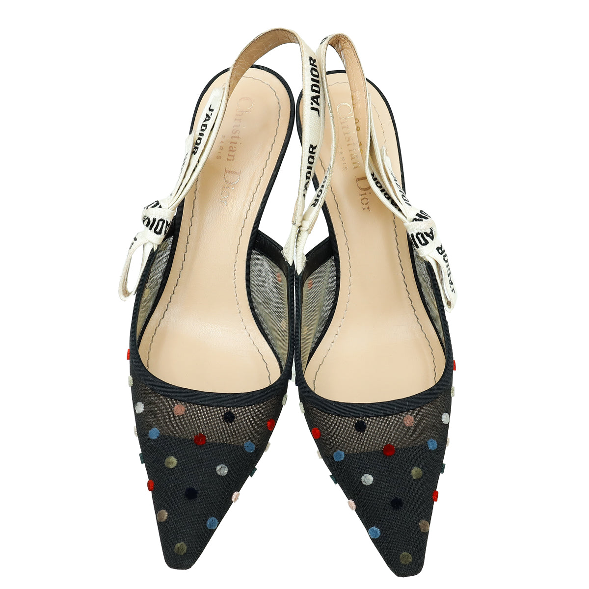 Christian Dior Black Velvet Dot Mesh J'adior Mini Slingback Pump 38.5