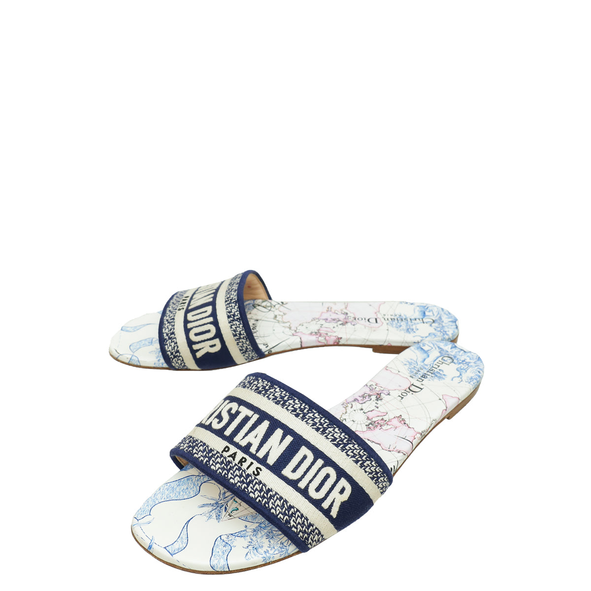 Christian Dior Navy Blue Around The World Embroidered Dway Slides 41-Christian Dior-THE CLOSET