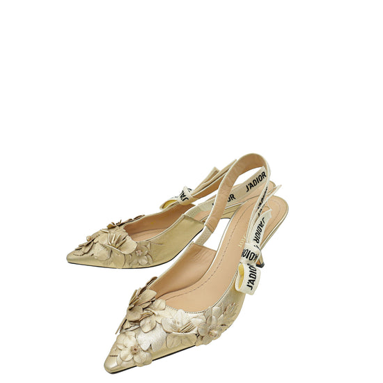 Christian Dior Gold Applique Flowers J'Adior Slingback Pump 37.5