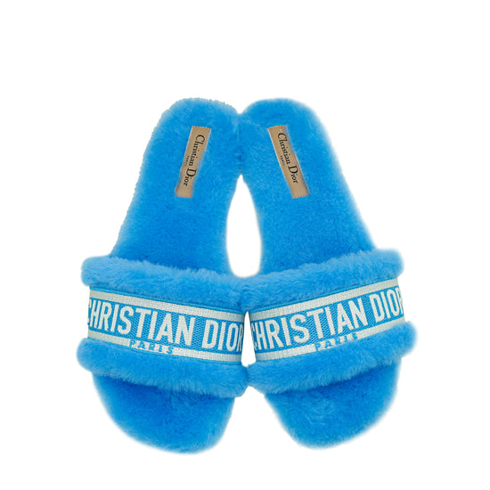Christian Dior Dynamic Blue Chez Moi Embroidered Shearling Slide Sandals 37.5