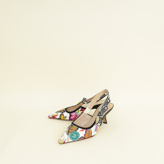 Christian Dior White Multicolor J'adior Butterfly Embroidered Slingback Pump 38