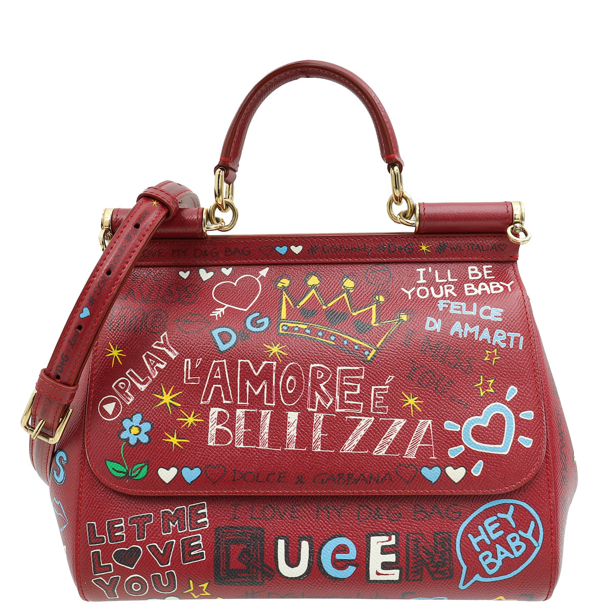 Dolce & Gabbana Burgundy Multicolor Dauphine Sicily Graffiti Print Medium Bag-Dolce & Gabbana-THE CLOSET