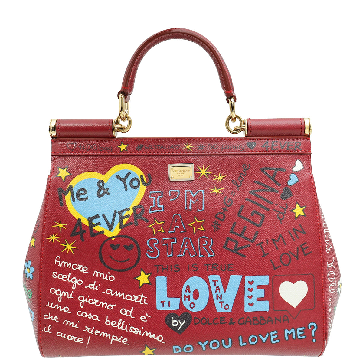 Dolce & Gabbana Burgundy Multicolor Dauphine Sicily Graffiti Print Medium Bag-Dolce & Gabbana-THE CLOSET