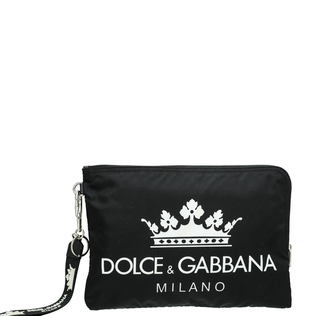 Dolce & Gabbana Black Nylon Logo Crown Print Pouch