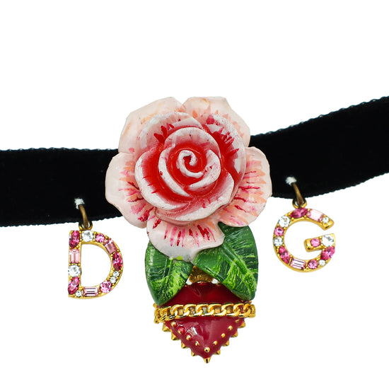 Dolce & Gabbana Black Multicolor Crystal DG Rose Heart Pendant Choker