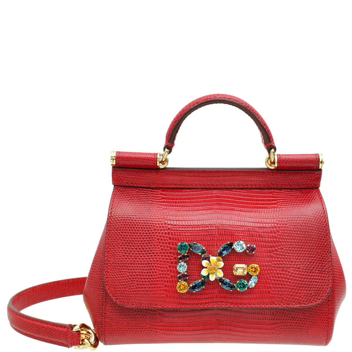 Dolce & Gabbana Red Iguana Print Crystal Mini Sicily Bag-Dolce & Gabbana-THE CLOSET
