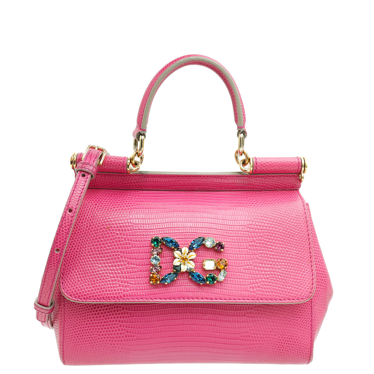Dolce & Gabbana Pink Iguana Print Crystal Sicily Small Bag-THE CLOSET-THE CLOSET