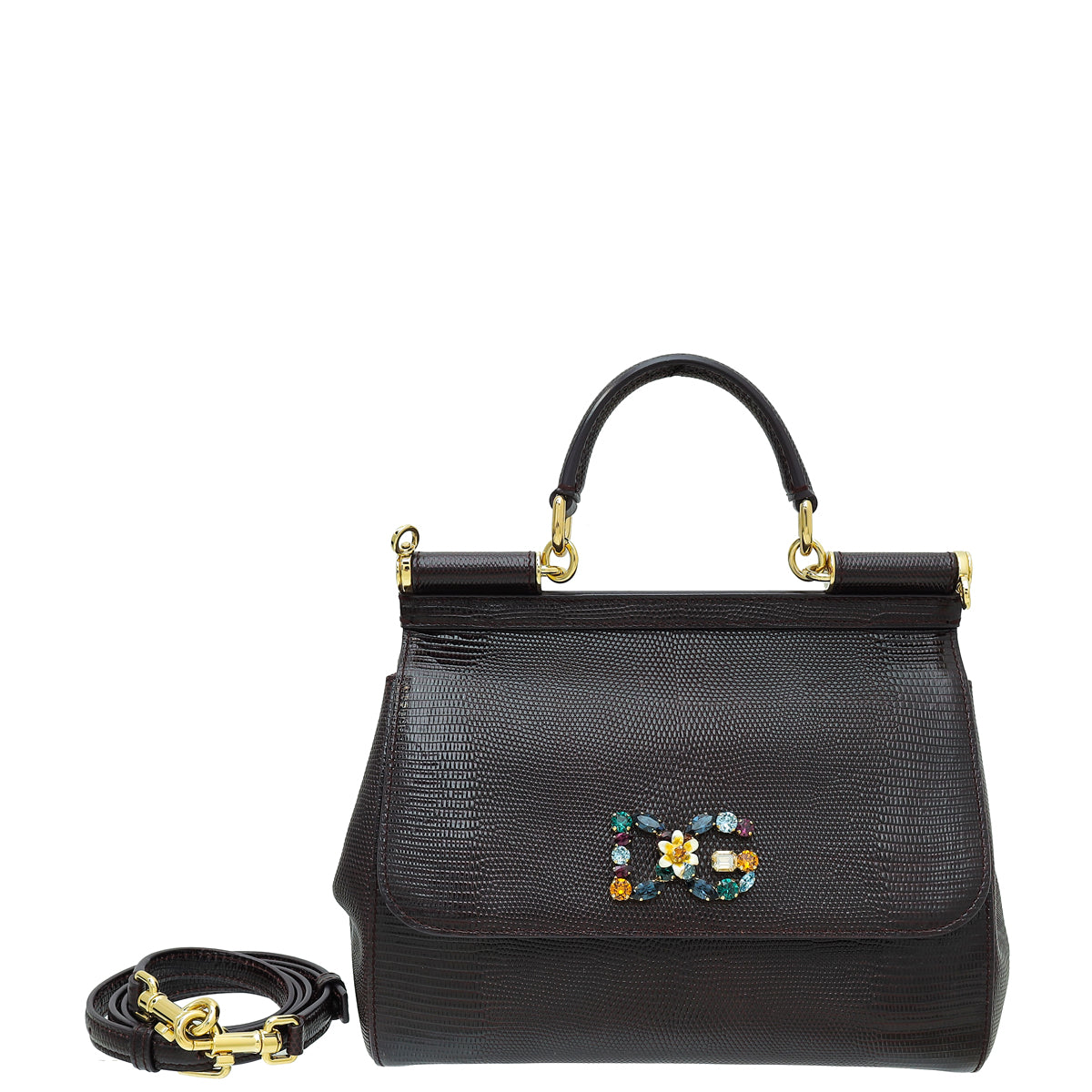 Dolce & Gabbana Burgundy Iguana Print Crystal Sicily Medium Bag-Dolce & Gabbana-THE CLOSET