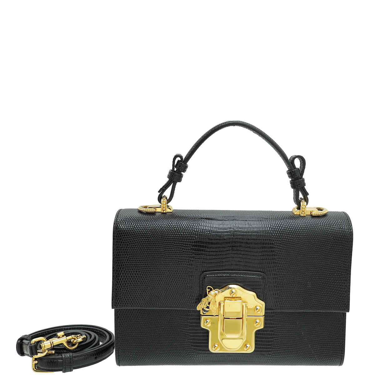 Dolce & Gabbana Black Iguana Print Lucia Bee Top Handle Bag-Dolce & Gabbana-THE CLOSET