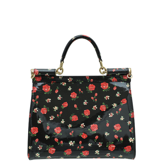 Dolce & Gabbana Black Multicolor Flower Print Sicily Medium Bag