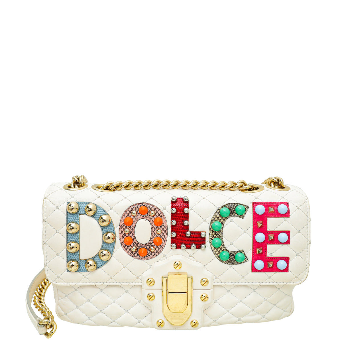 Dolce & Gabbana White Multicolor "Dolce" Studded Lucia Bag-Dolce & Gabbana-THE CLOSET