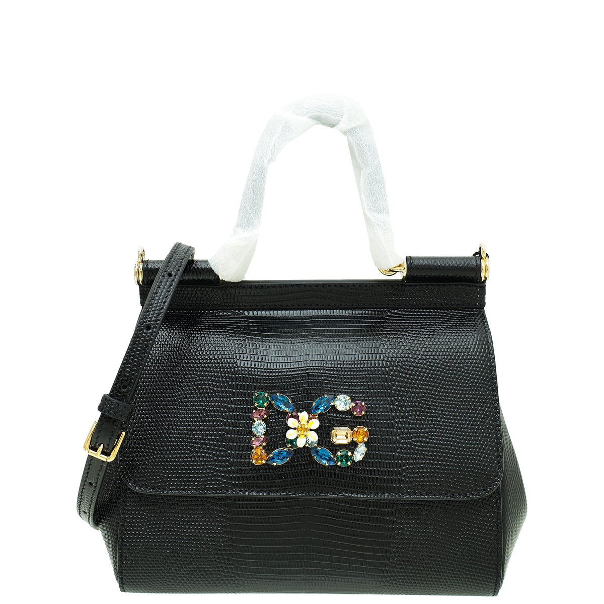 Dolce & Gabbana Black Iguana Print Sicily Crystal Small Bag