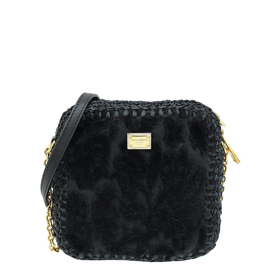 Dolce & Gabbana Black Velvet Fabric and Raffia Shoulder Bag