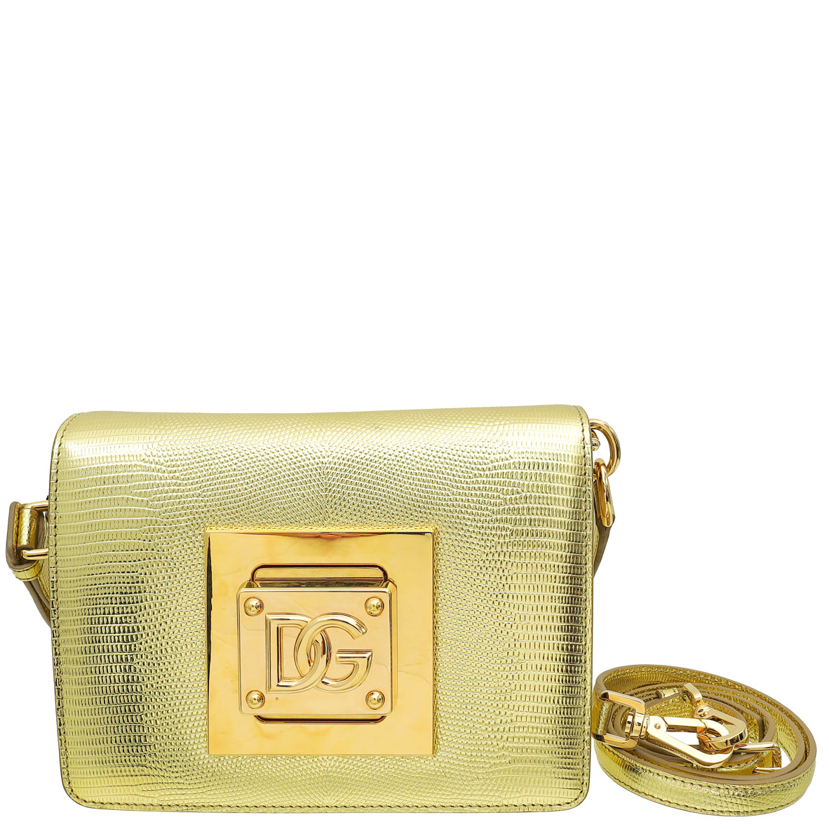 Dolce & Gabbana Metallic Gold Lizard Embossed Bella Shoulder Bag-Dolce & Gabbana-THE CLOSET