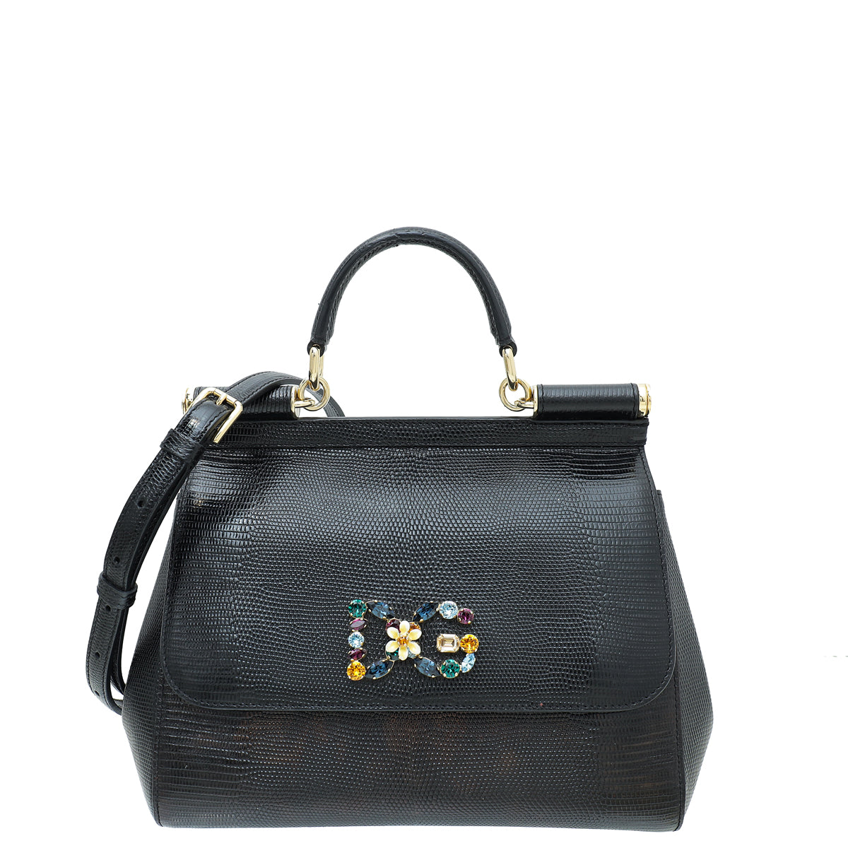 Dolce & Gabbana Black Lizard Print DG Crystal Sicily Bag-Dolce & Gabbana-THE CLOSET