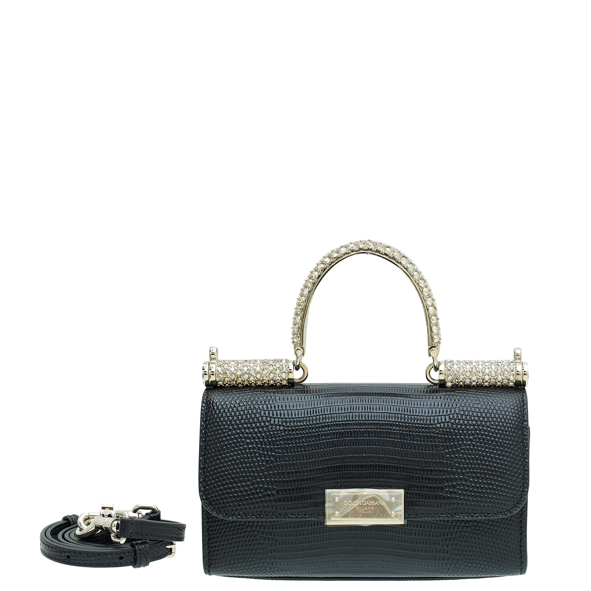 Dolce & Gabbana Black Lizard 90's Sicily Crystal Top Handle Bag-Dolce & Gabbana-THE CLOSET