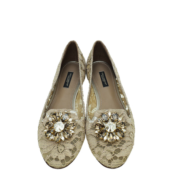 Dolce & Gabbana Light Brown Lace Bellucci Flats 38.5