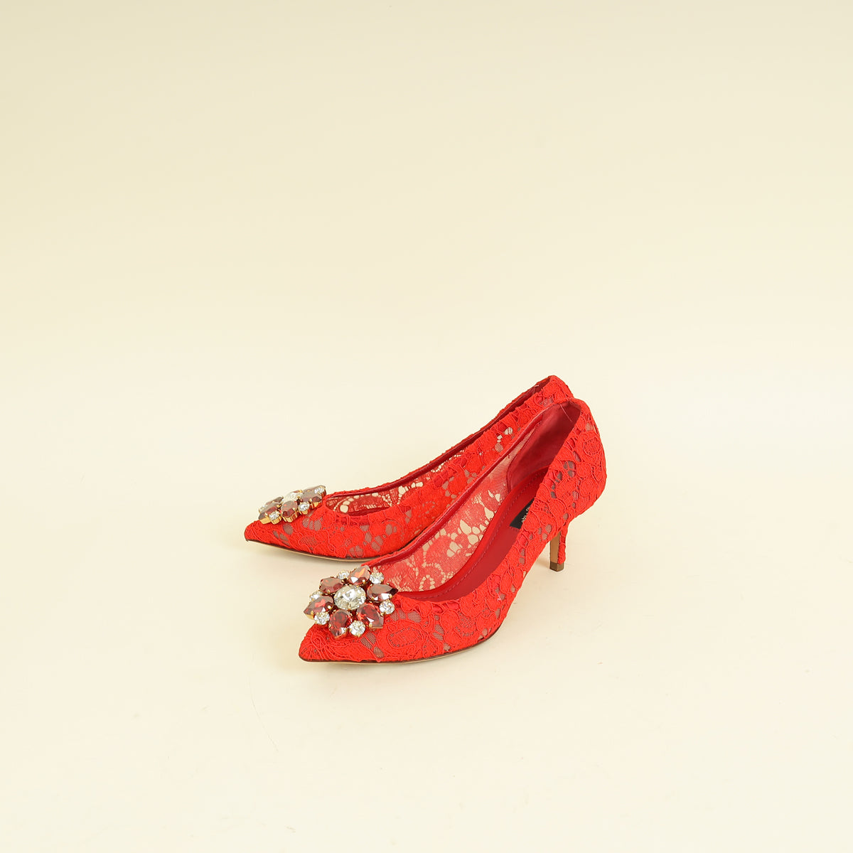 Dolce & Gabbana Red Bellucci Crystal Lace Pumps 36