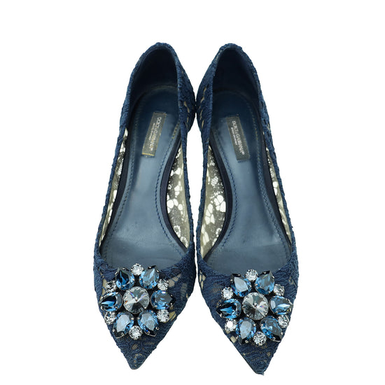 Dolce & Gabbana Navy Blue Bellucci Lace Embellished Pump 37.5