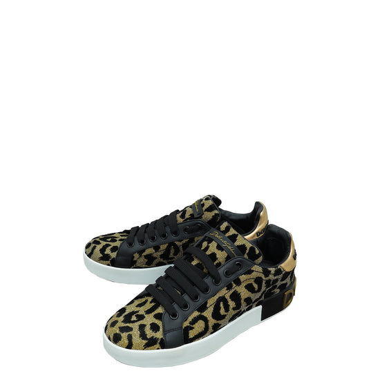 Dolce & Gabbana Tricolor Lurex Velvet Leopard Portofino Sneakers 37