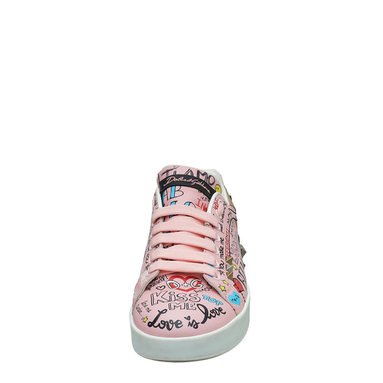 Dolce & Gabbana Pink Multicolor Graffiti Portofino Sneakers 37