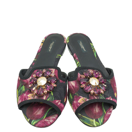 Dolce & Gabbana Multicolor Bellucci Embellished Flat Sandal 39Printed Canvas-Dolce & Gabbana-THE CLOSET