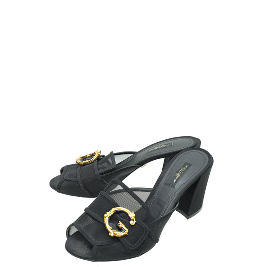 Dolce & Gabbana Black Mesh Baroque Logo Slip On Sandals 39