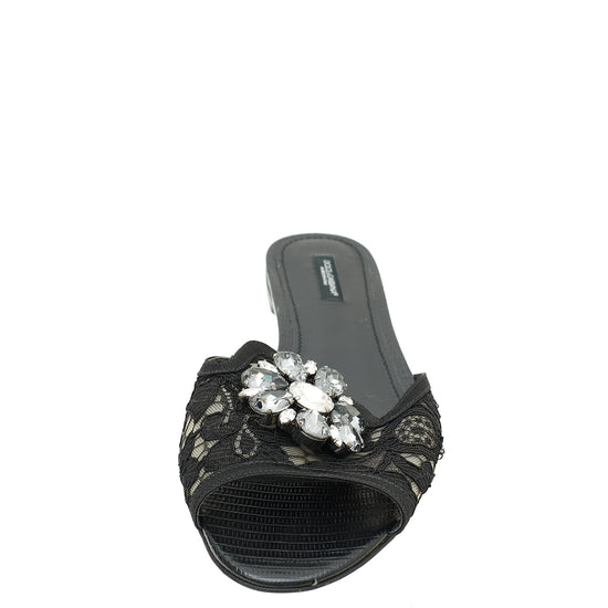 Dolce & Gabbana Black Bellucci Embellished Flat Sandals 39