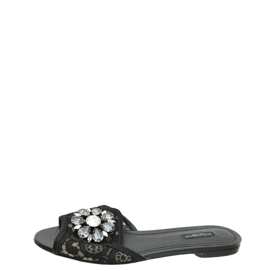 Dolce & Gabbana Black Bellucci Embellished Flat Sandals 39