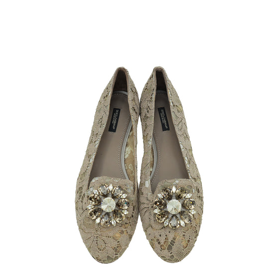 Dolce & Gabbana Light Brown Lace Bellucci Flats 40.5