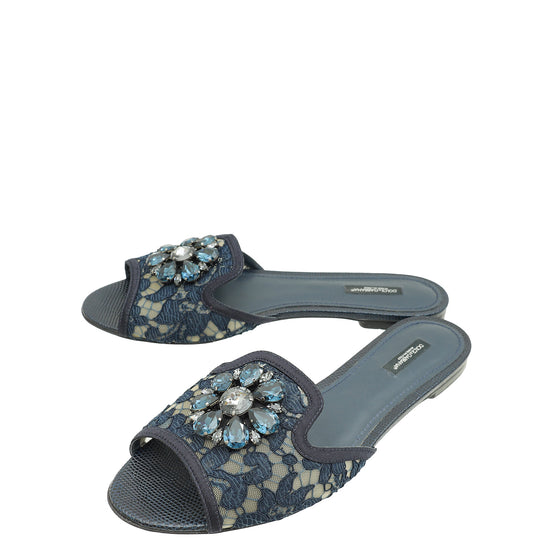 Dolce & Gabbana Indigo Blue Bellucci Embellished Flat Sandals 41