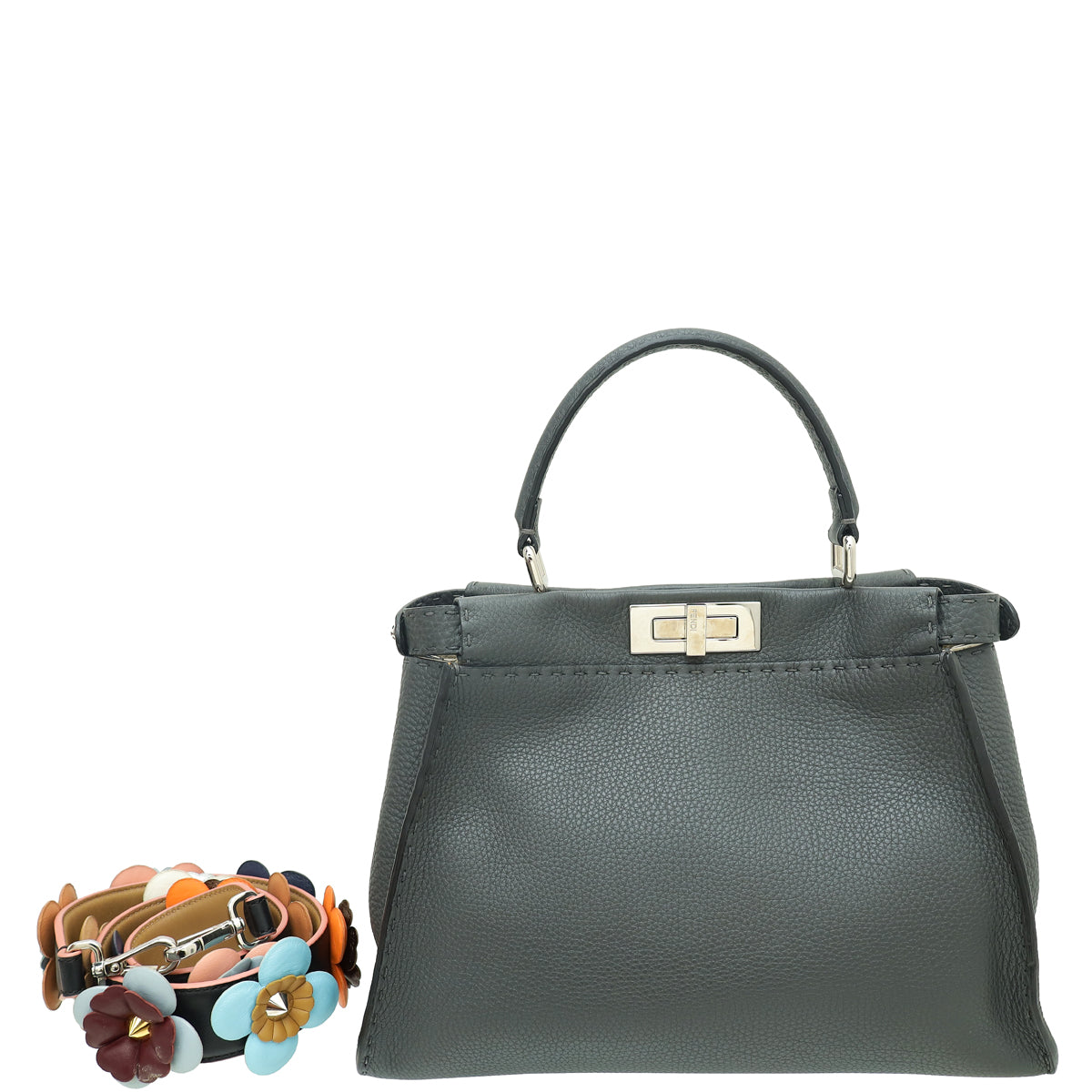 Fendi Dark Grey Peekaboo Selleria Regular Bag W/ Floral Strap-Fendi-THE CLOSET