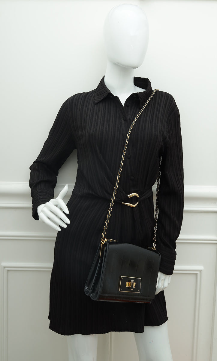 Fendi Black Pequin Embossed Striped Claudia Small Flap Bag