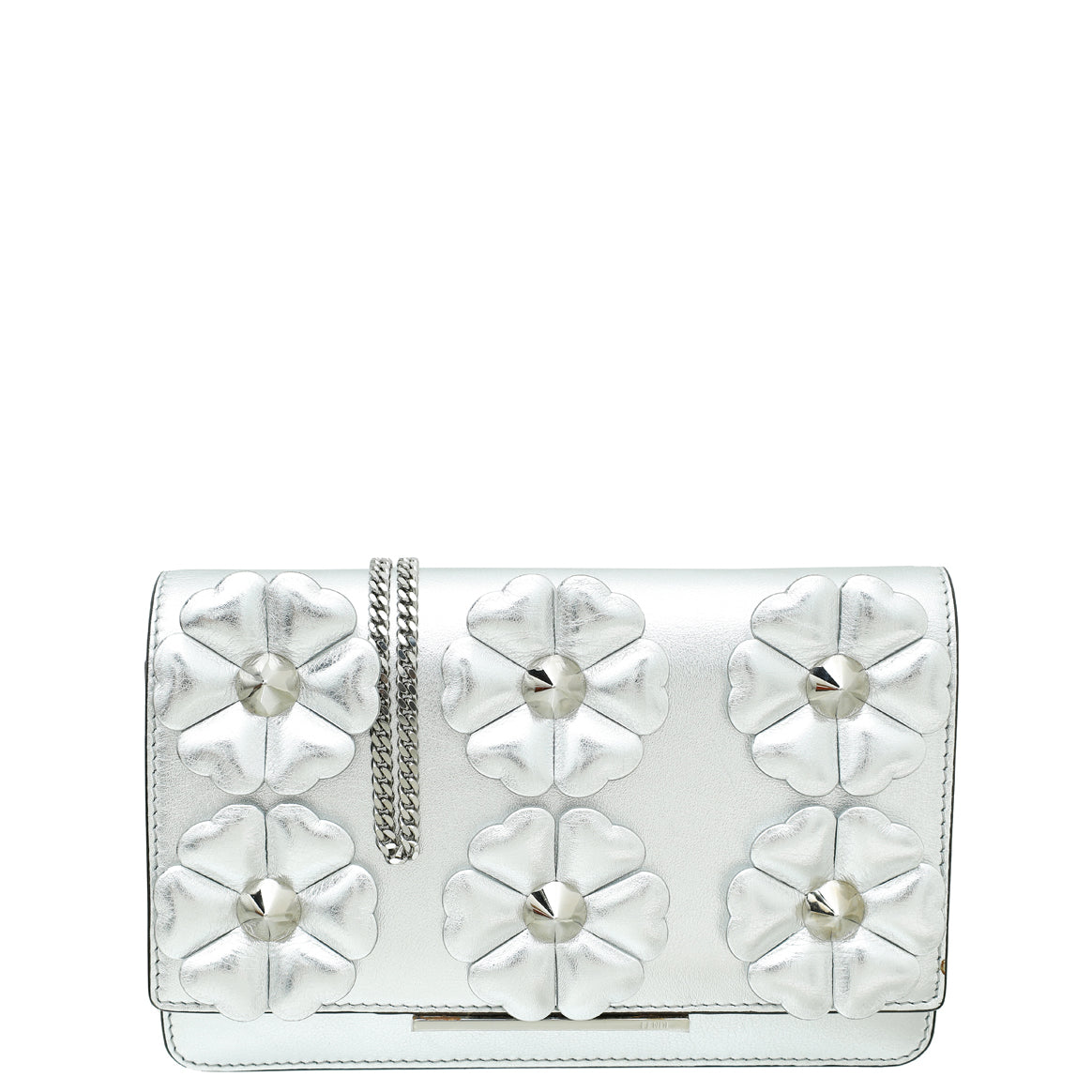 Fendi Metallic Silver Mirror Flowerland Studded Tube Wallet on Chain