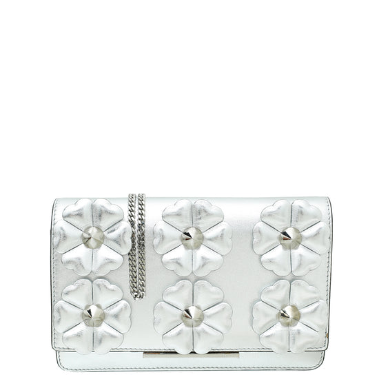 Fendi Metallic Silver Mirror Flowerland Studded Tube Wallet on Chain