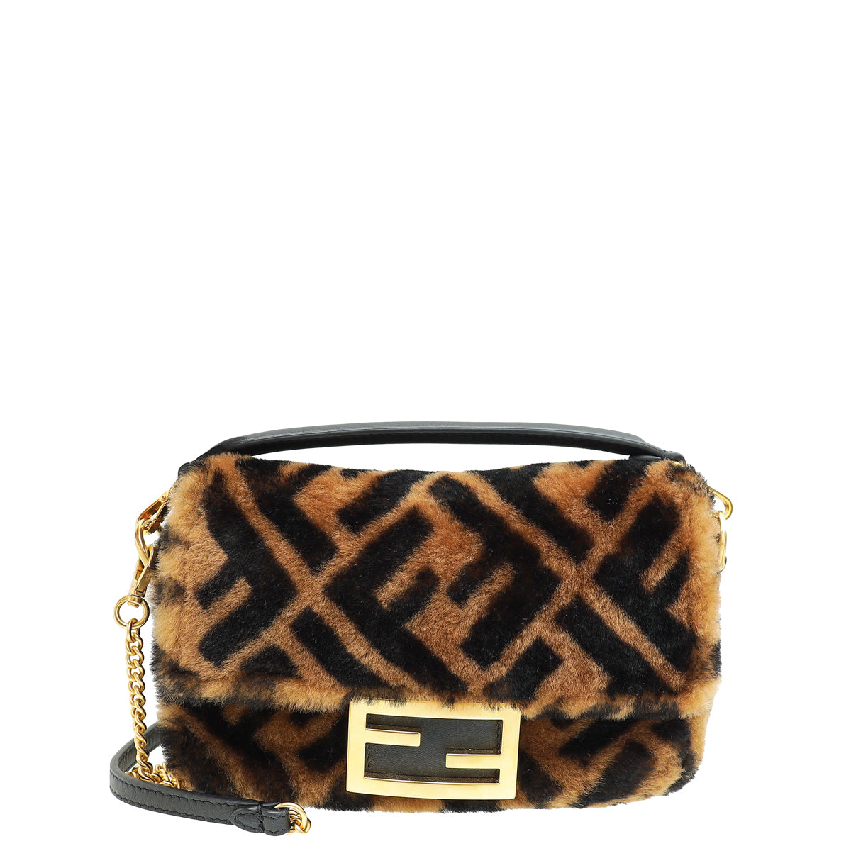 Fendi Brown FF Baguette Mini Sheepskin Fur Shoulder Bag
