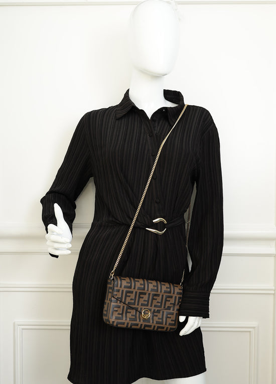 Fendi Tobacco FF 1974 Zucca Embossed Wallet On Chain W/ 2 Pouch