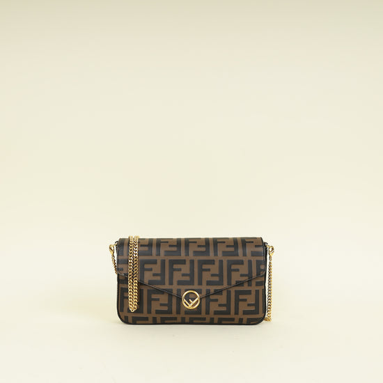 Fendi Tobacco FF 1974 Zucca Embossed Wallet On Chain W/ 2 Pouch