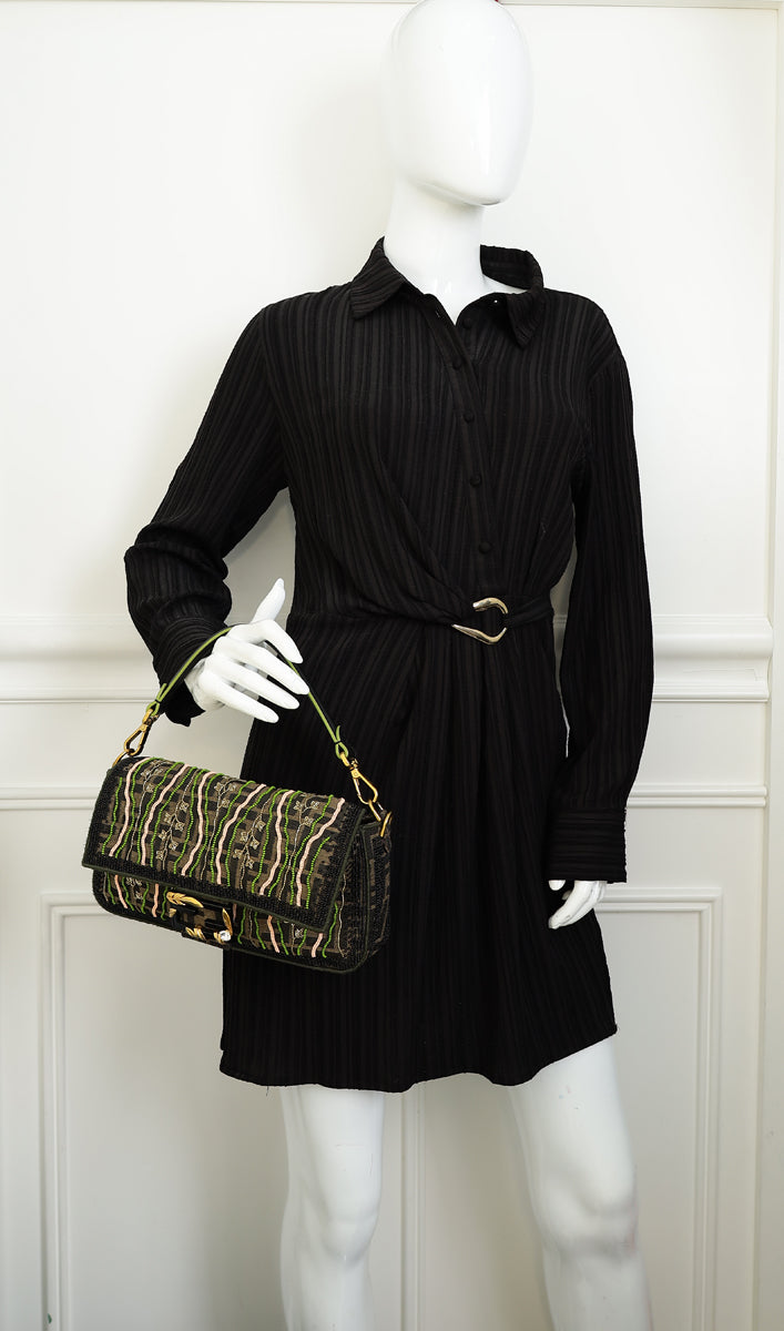 Fendi Green Baguette Beads Embroidered Shoulder Bag