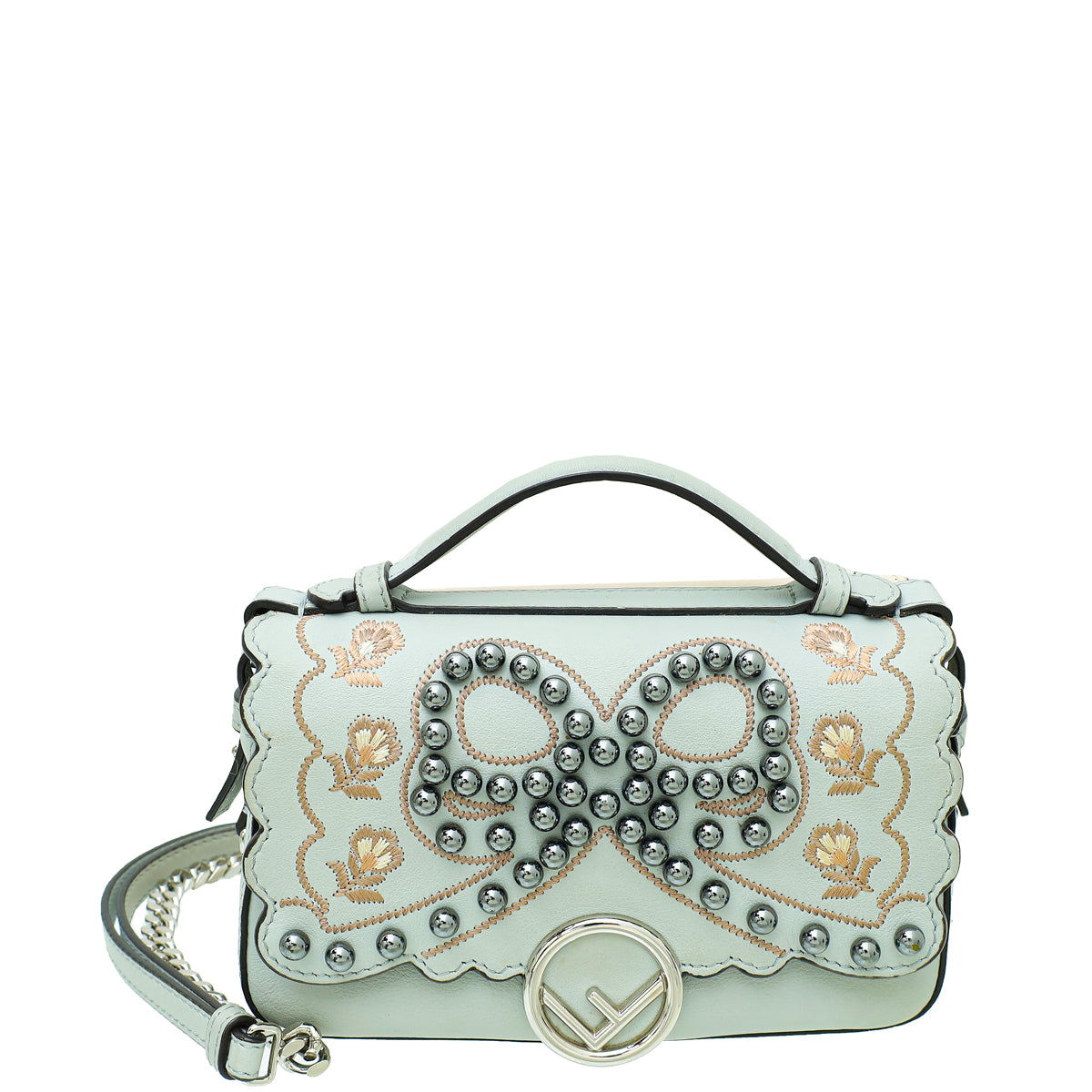 Fendi Bicolor Embroidered Studded Bow Micro Double Baguette Bag