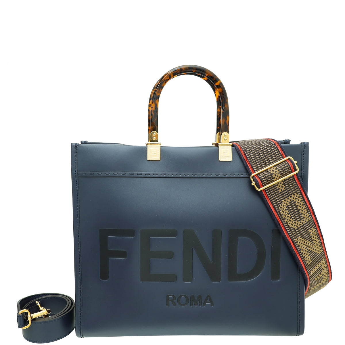 Fendi Navy Blue Sunshine “FENDI ROMA” Shopper Medium Bag W/ Strap You-Fendi-THE CLOSET