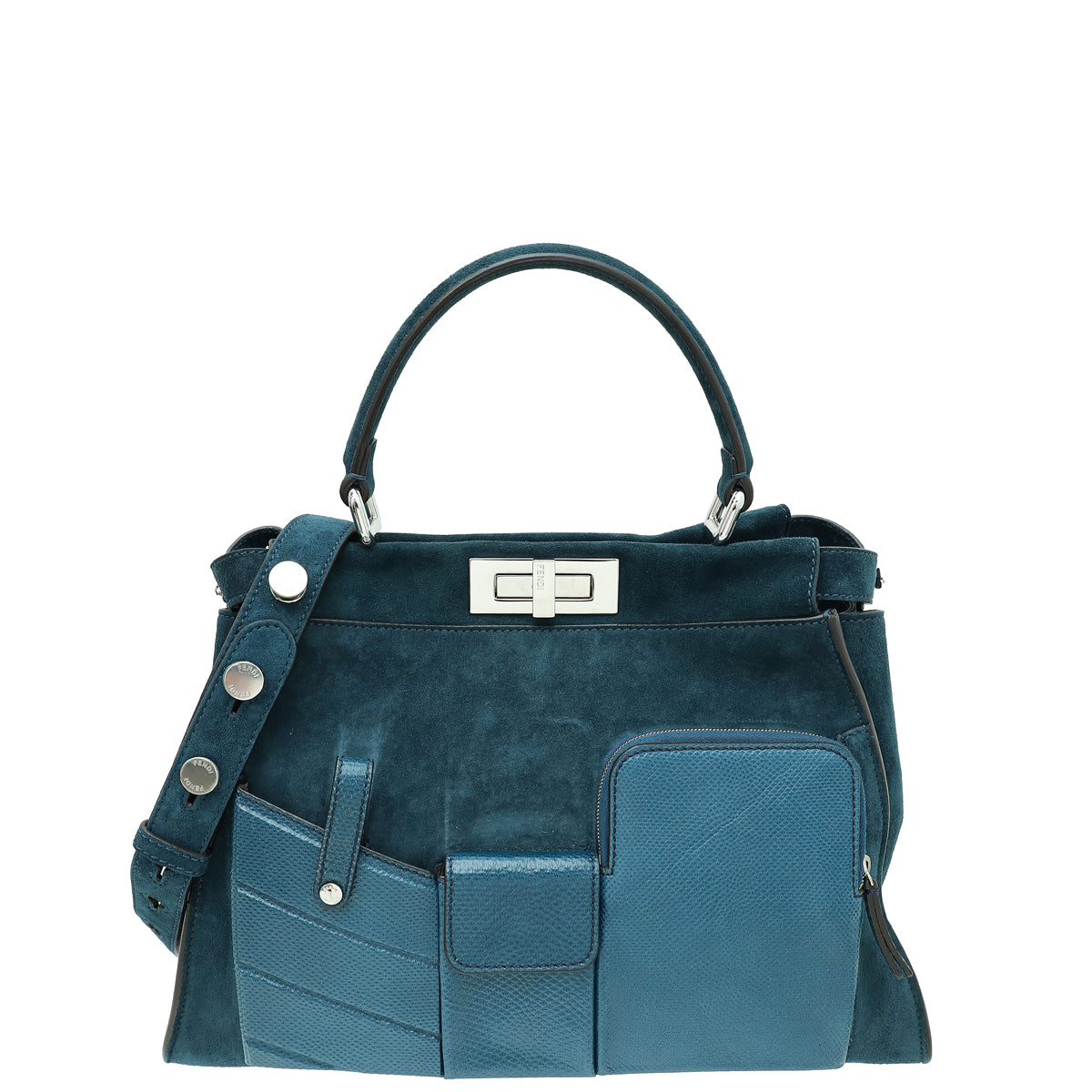 Fendi Teal 3 Pocket Peekaboo Suede Iconic Satchel Medium Bag-Fendi-THE CLOSET
