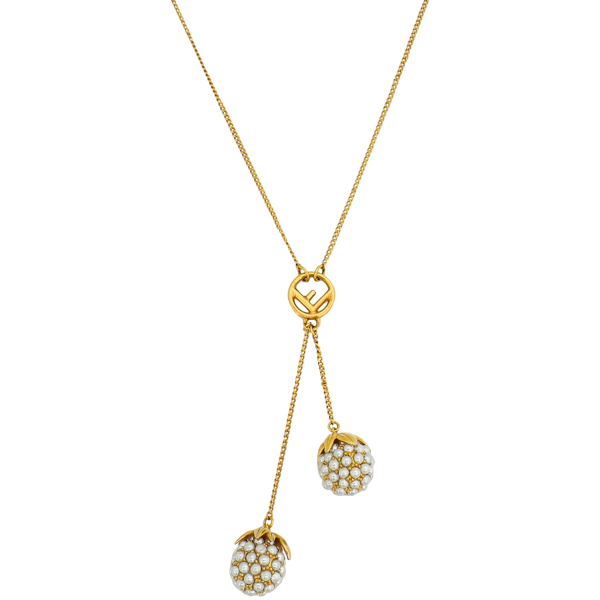 Fendi Gold Faux Pearl Fruit Motif Double Pendant Long Necklace-Fendi-THE CLOSET