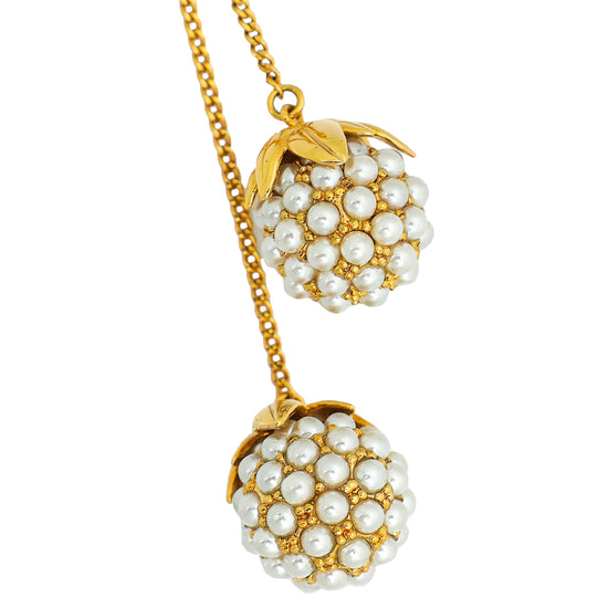 Fendi Gold Faux Pearl Fruit Motif Double Pendant Long Necklace